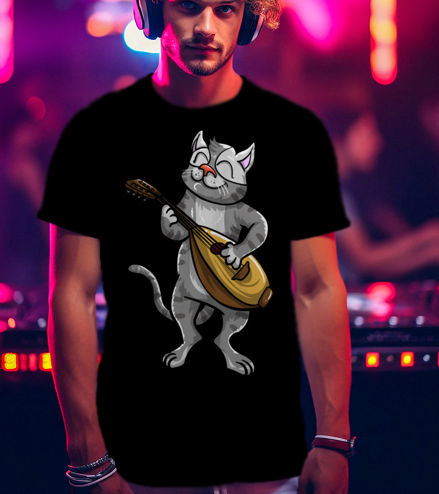 Funny Cool Cat Playing Lute Animal Musician T-Shirt