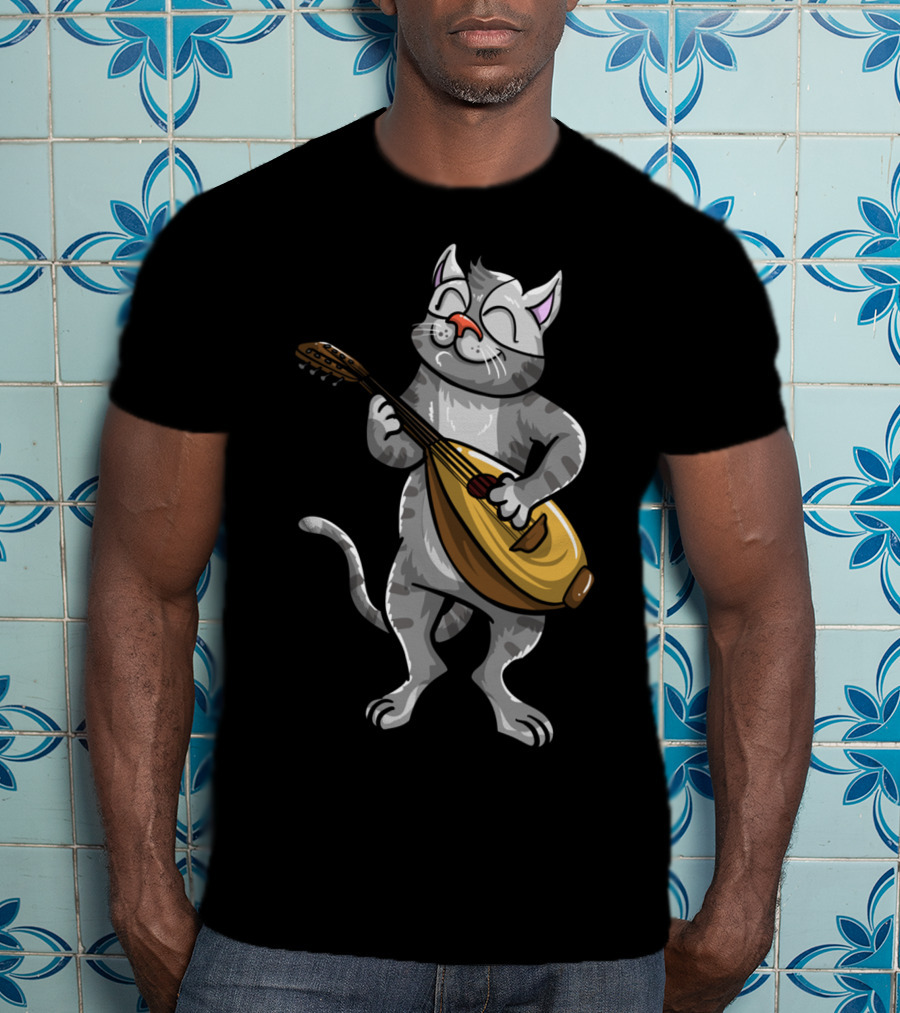 Funny Cool Cat Playing Lute Animal Musician T-Shirt