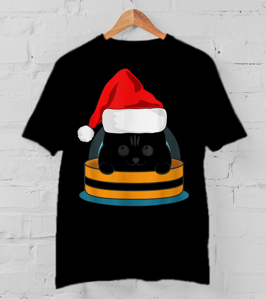 Cute Black Cat In Santa Hat Sitting Inside Orange And Black Barrel T-Shirt