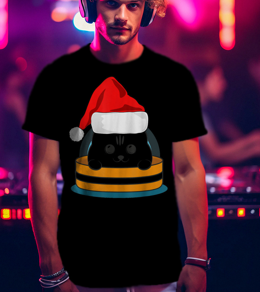 Cute Black Cat In Santa Hat Sitting Inside Orange And Black Barrel T-Shirt