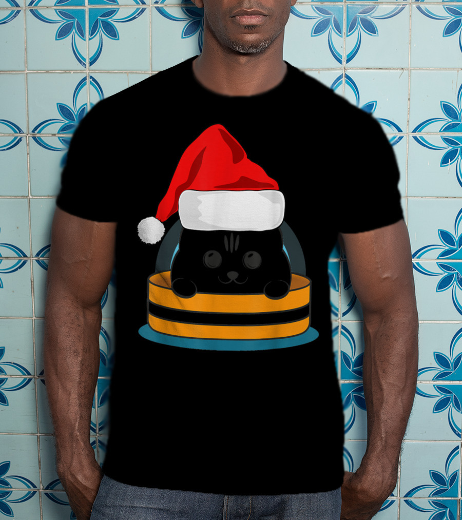 Cute Black Cat In Santa Hat Sitting Inside Orange And Black Barrel T-Shirt