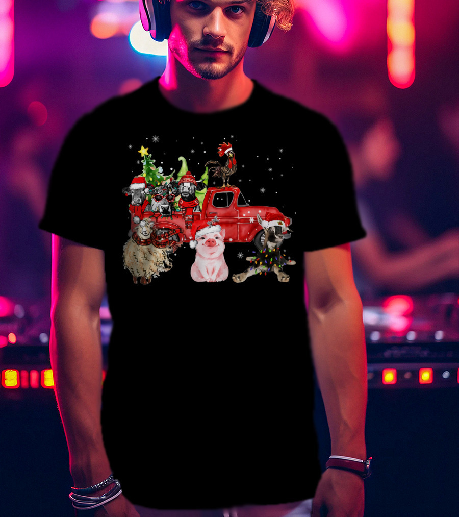 Funny Farmer Christmas Santa Cow Pig Sheep Chicken Truck T-Shirt