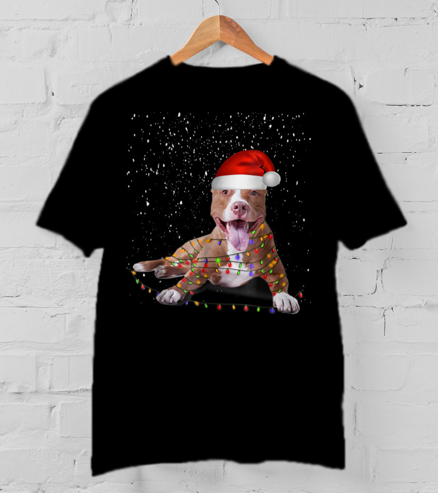 Merry Pitmas Pit Bull Christmas Dog With Santa Hat And Festive Lights T-Shirt