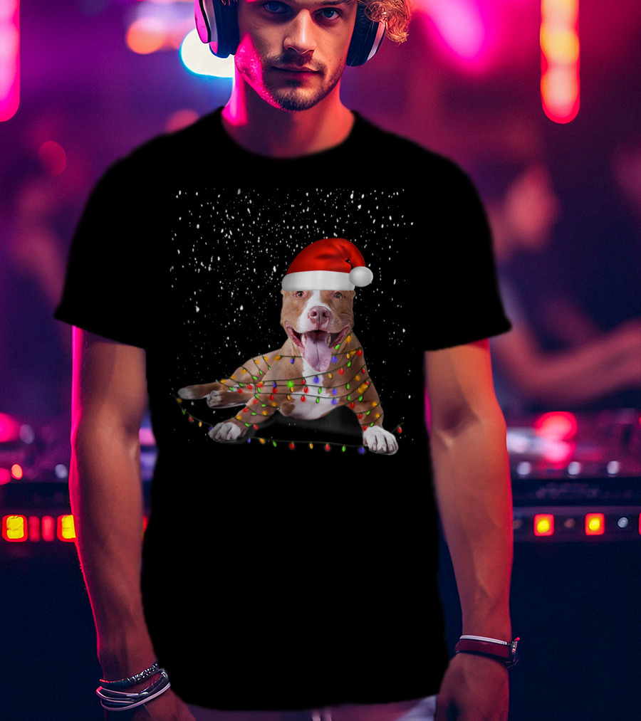 Merry Pitmas Pit Bull Christmas Dog With Santa Hat And Festive Lights T-Shirt