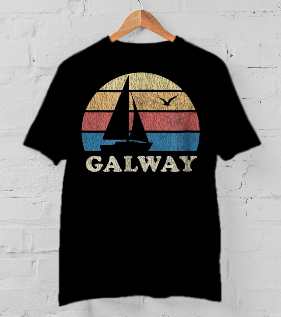 Galway Vintage Sailboat 70s Sunset With Seagull T-Shirt