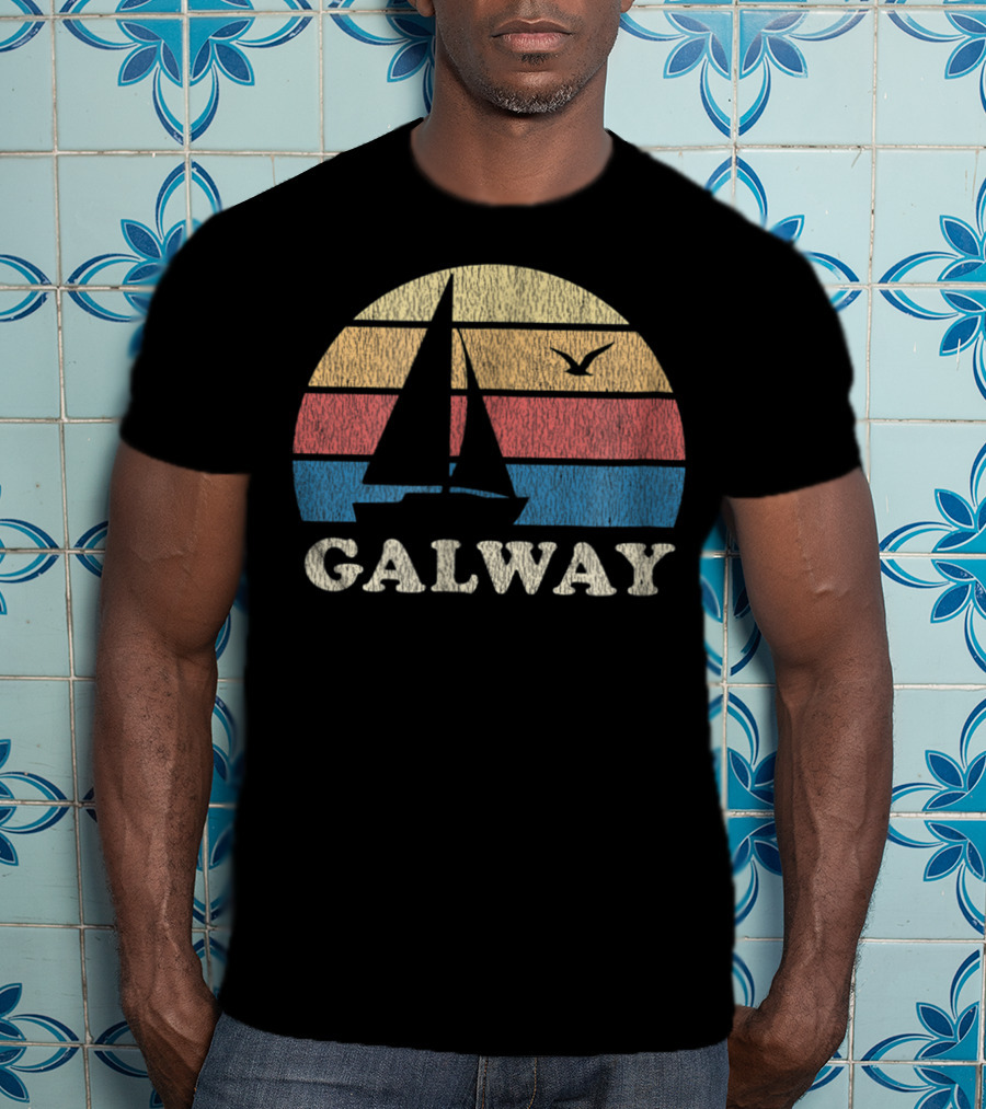 Galway Vintage Sailboat 70s Sunset With Seagull T-Shirt