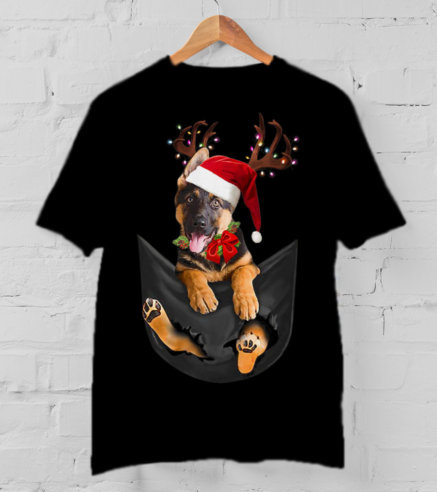 German Shepherd Christmas Dog With Santa Hat And Antlers In Your Pocket T-Shirt