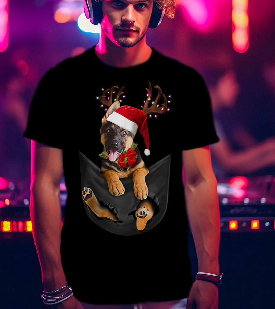 German Shepherd Christmas Dog With Santa Hat And Antlers In Your Pocket T-Shirt