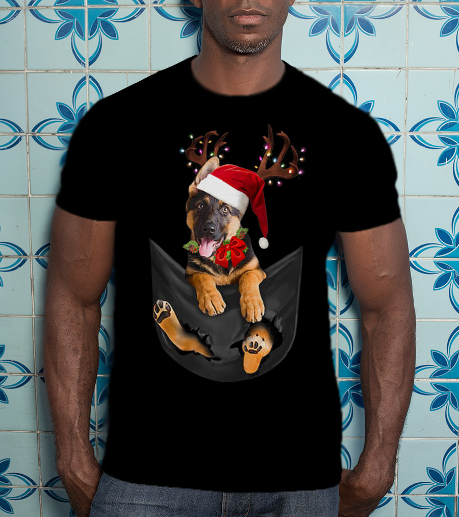 German Shepherd Christmas Dog With Santa Hat And Antlers In Your Pocket T-Shirt