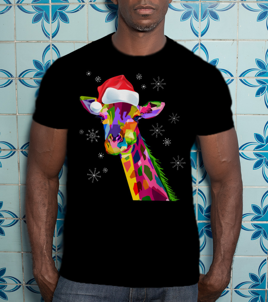 Giraffe Christmas Santa Hat Colorful Snowflakes T-Shirt