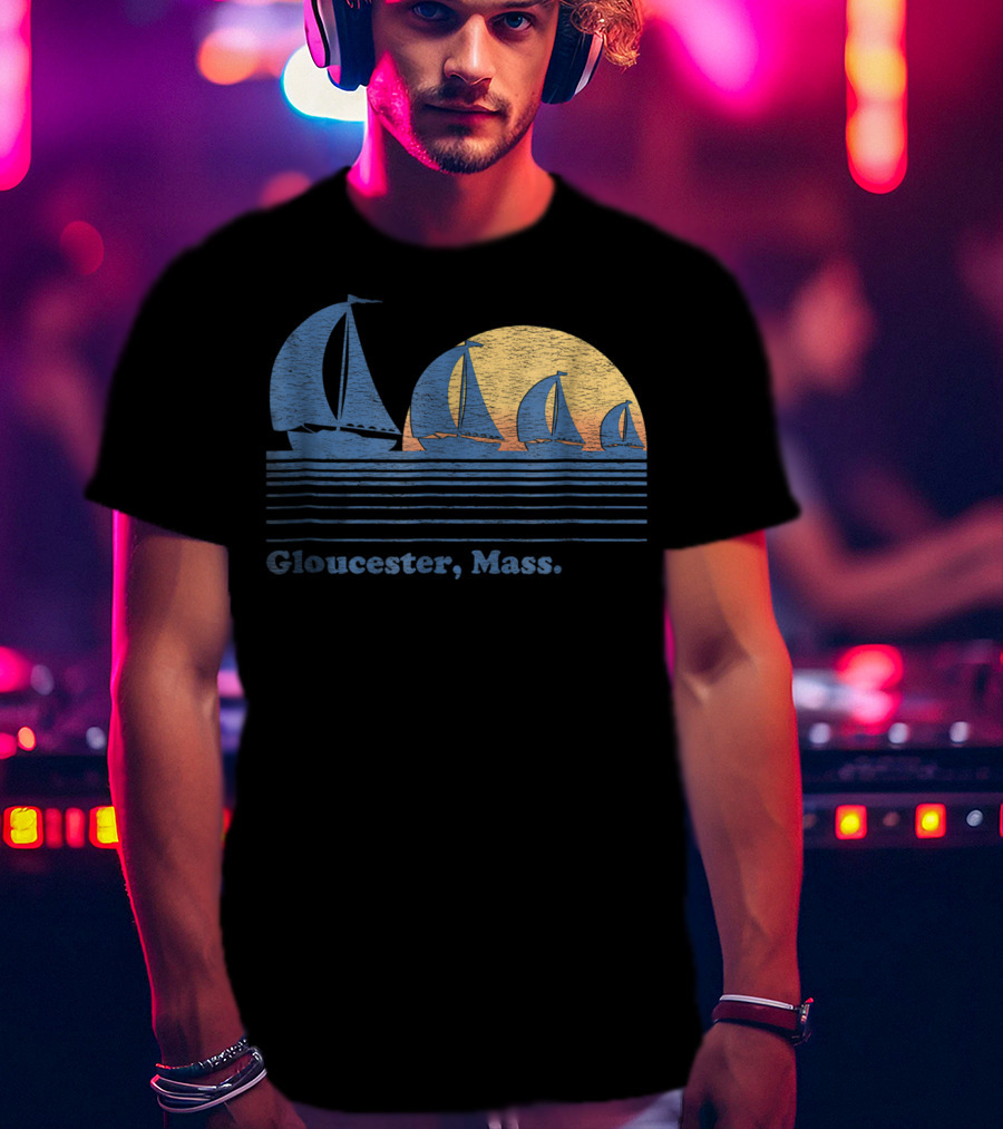 Gloucester Mass Vintage Sailboats And Sunset Scene T-Shirt