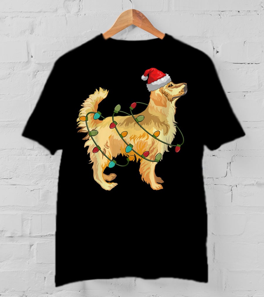 Golden Retriever With Christmas Lights And Santa Hat T-Shirt