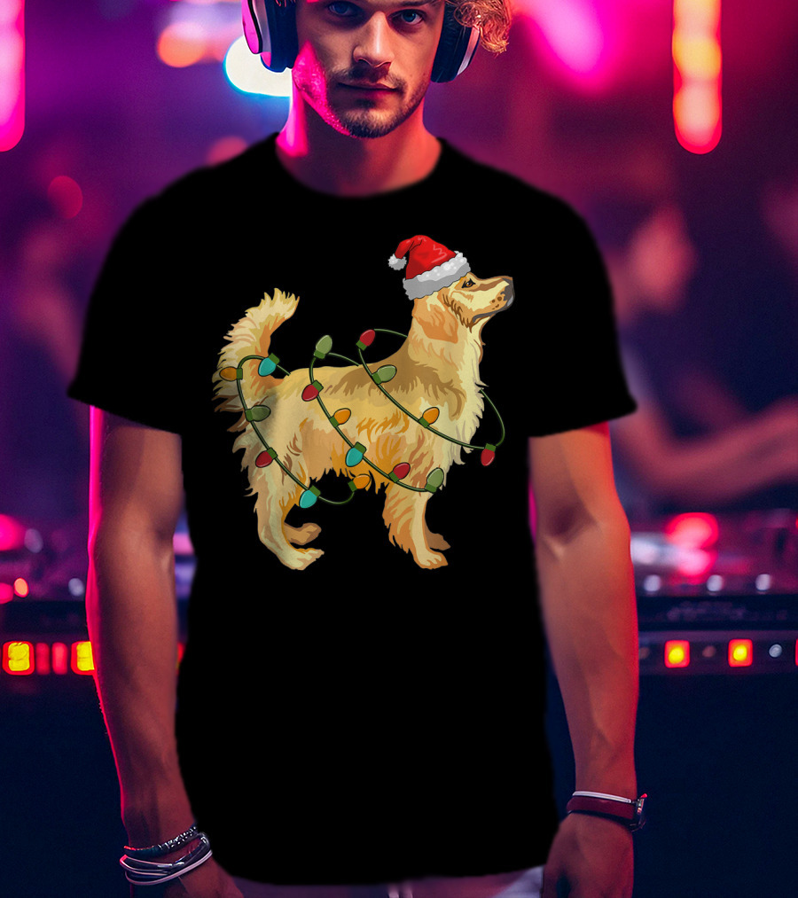 Golden Retriever With Christmas Lights And Santa Hat T-Shirt