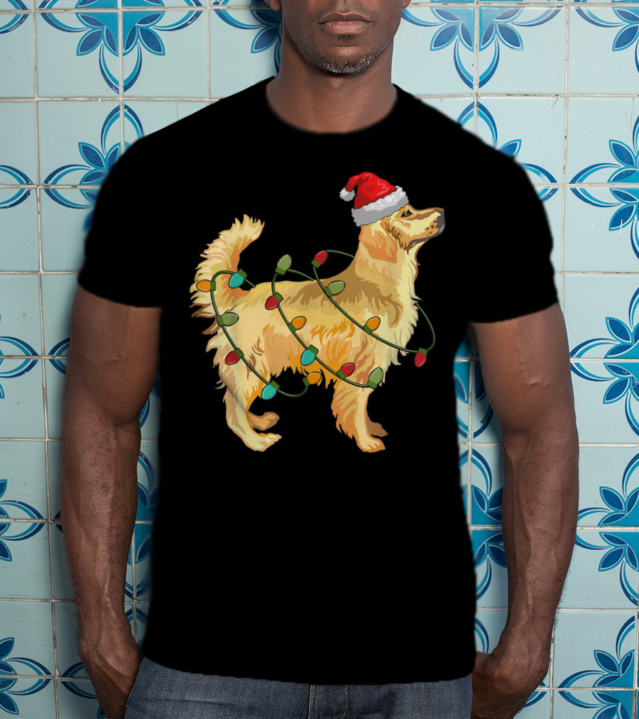 Golden Retriever With Christmas Lights And Santa Hat T-Shirt