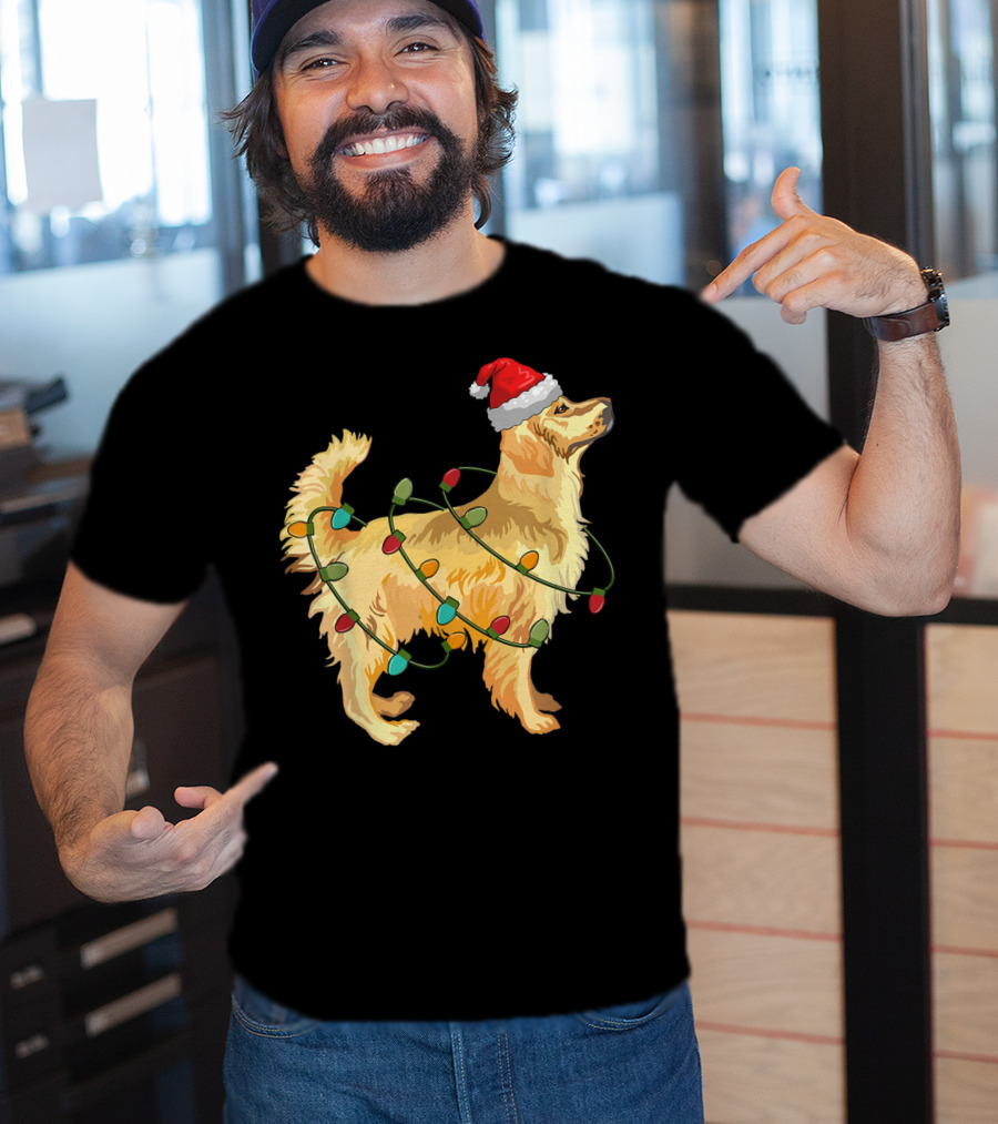 Golden Retriever With Christmas Lights And Santa Hat T-Shirt