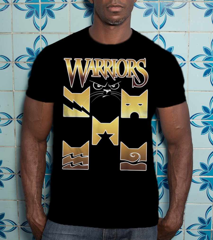 WARRIORS Golden Clan Cat Icons With Lightning, Eye, Star, Wave Symbols T-Shirt
