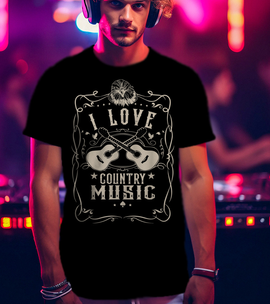 I Love Country Music With Crossed Guitars And Eagle T-Shirt