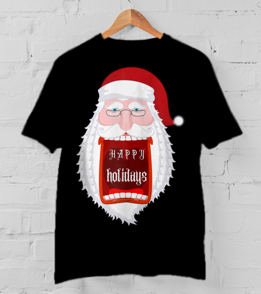 Happy Holidays Santa Zip Screaming Mouth With Glasses T-Shirt