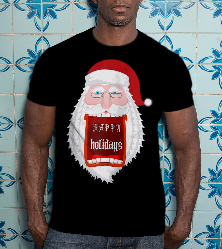 Happy Holidays Santa Zip Screaming Mouth With Glasses T-Shirt