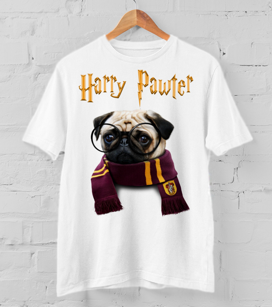 Harry Pawter Cute Puggy Dogs Potte Pups Wizard Pug With Glasses And Scarf T-Shirt