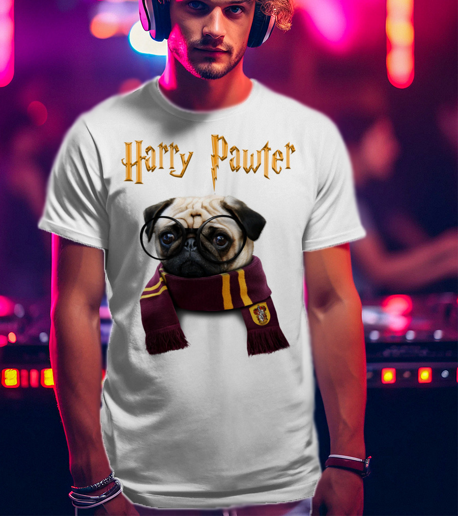 Harry Pawter Cute Puggy Dogs Potte Pups Wizard Pug With Glasses And Scarf T-Shirt