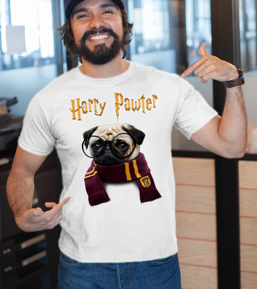 Harry Pawter Cute Puggy Dogs Potte Pups Wizard Pug With Glasses And Scarf T-Shirt
