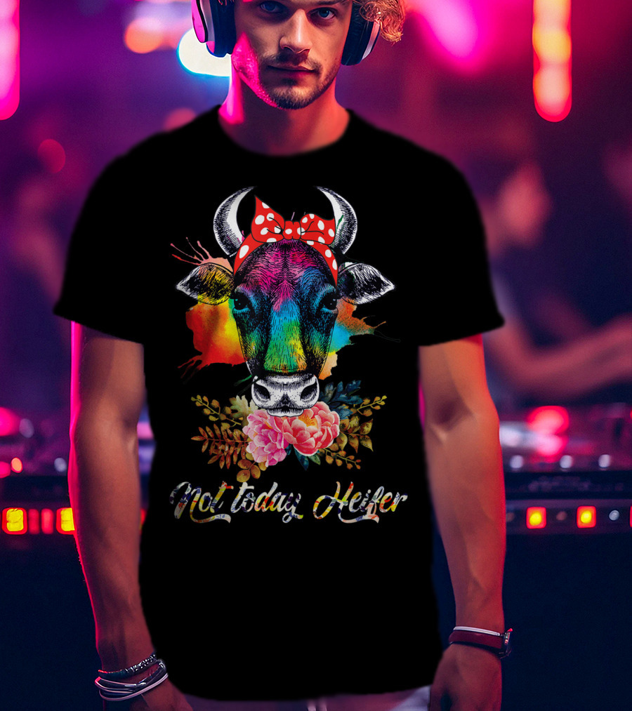 Not Today Heifer Rainbow Cow With Floral Bow T-Shirt