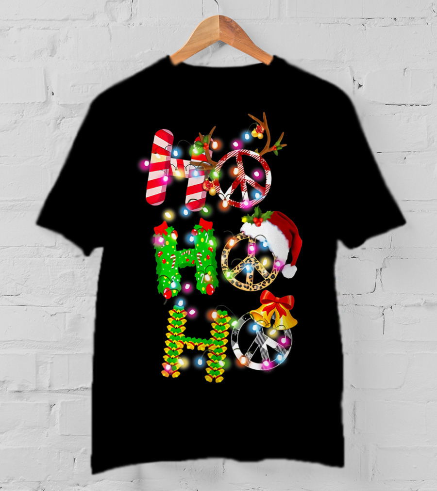 Ho Ho Ho Christmas Light Peace Sign Reindeer Santa Hat T-Shirt