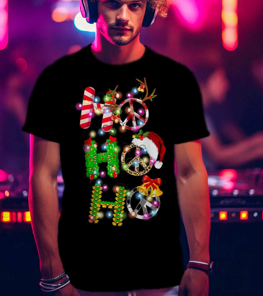 Ho Ho Ho Christmas Light Peace Sign Reindeer Santa Hat T-Shirt