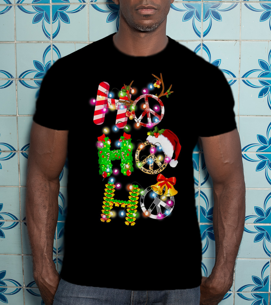 Ho Ho Ho Christmas Light Peace Sign Reindeer Santa Hat T-Shirt
