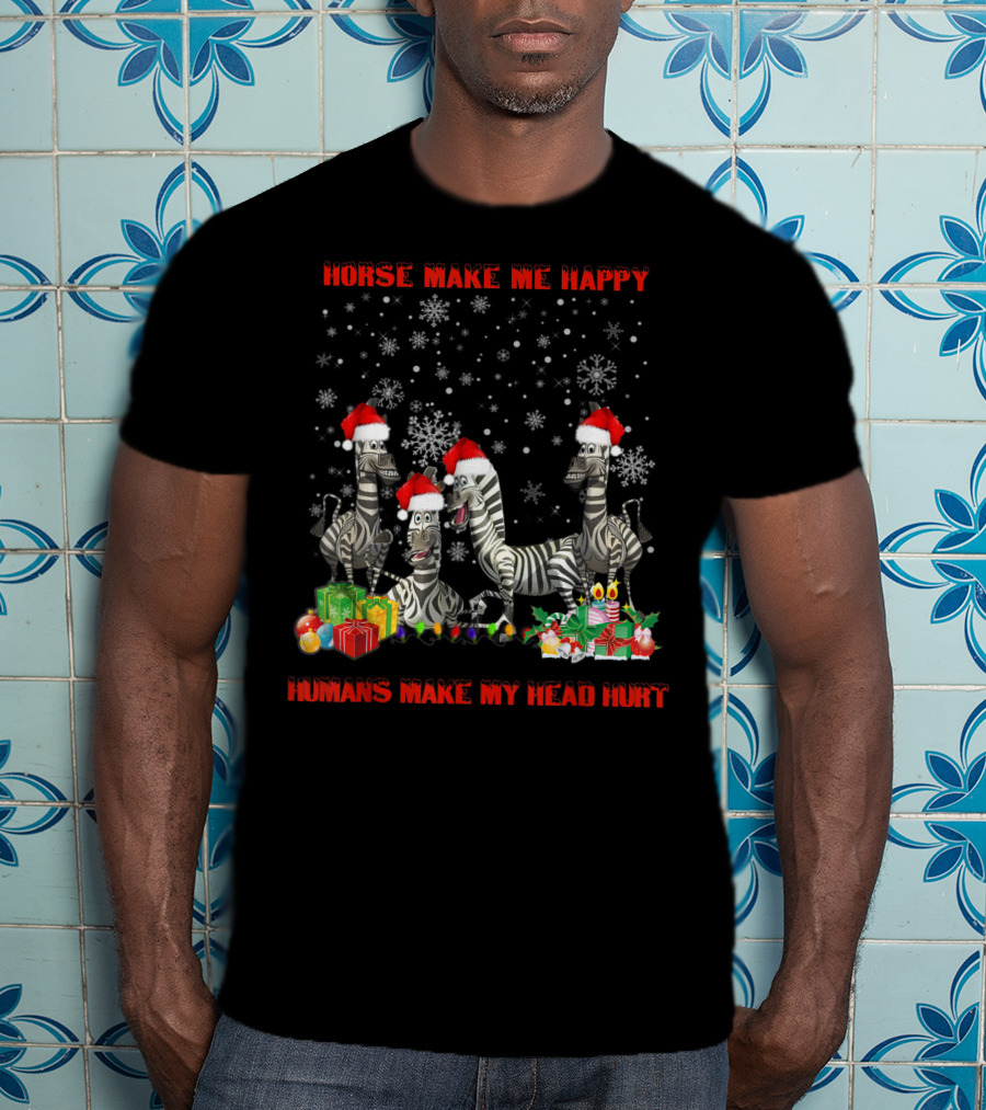 Horse Make Me Happy Humans Make My Head Hurt Christmas Zebra Snowflakes Santa Hats T-Shirt