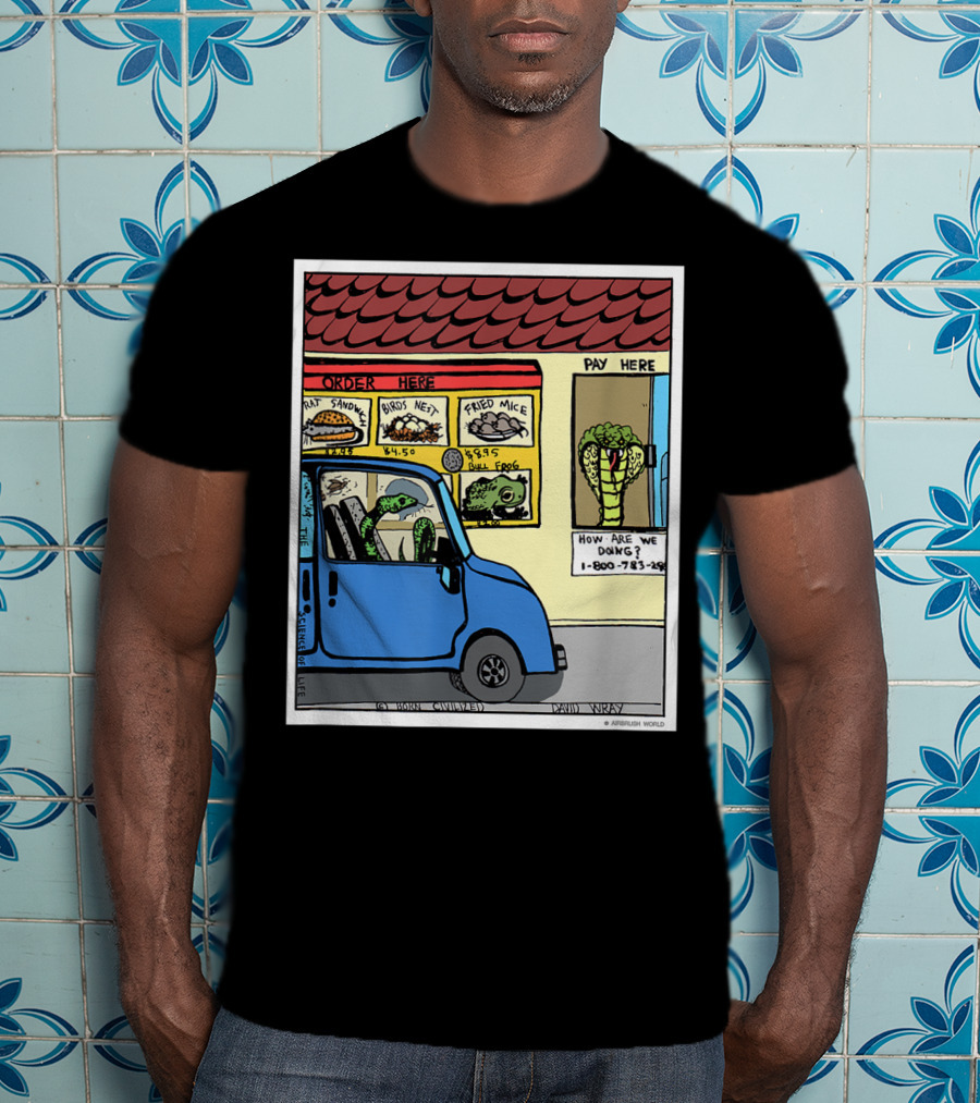 Hungry Snake Drives Through Reptile Lover Comic With Rat Sandwich And Frogs Legs T-Shirt