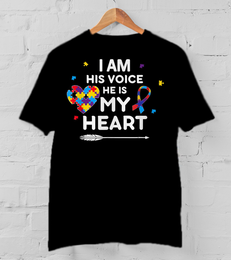 I Am His Voice He Is My Heart Puzzle Piece Ribbon Autism Awareness T-Shirt