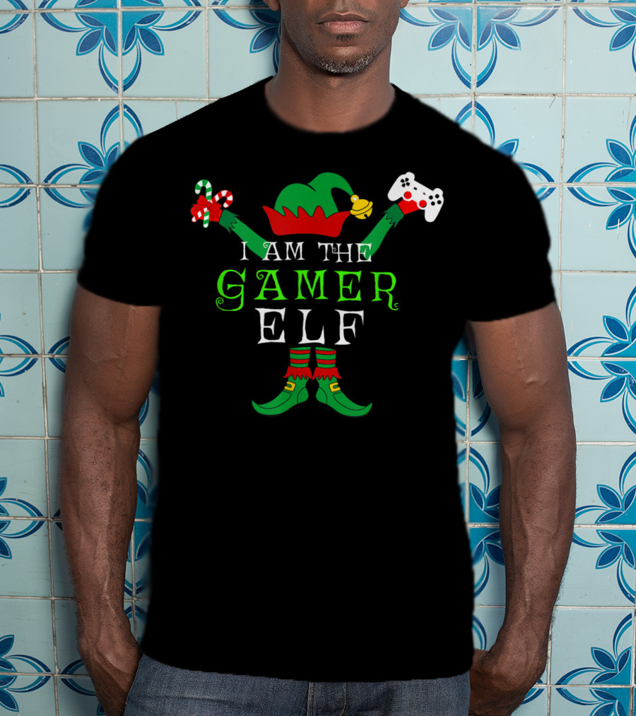 I Am The Gamer Elf With Candy Cane And Game Controller T-Shirt