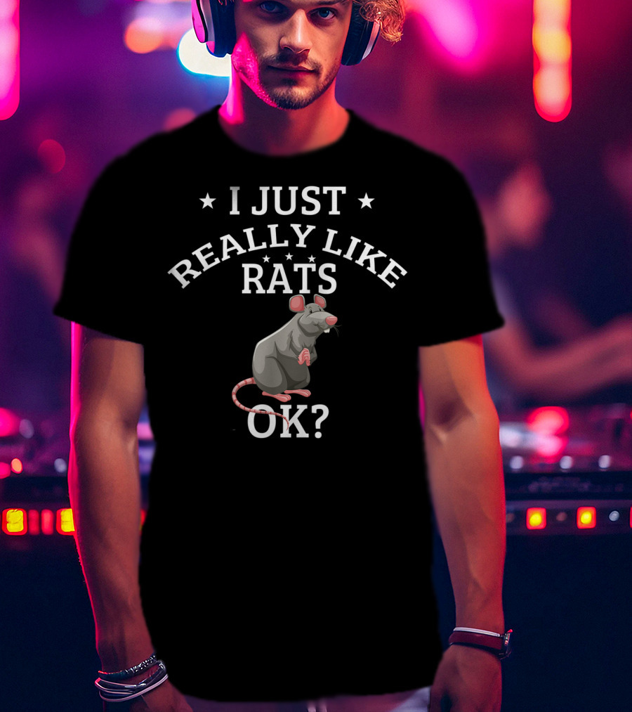 I Just Really Like Rats OK? Cute Rat Lovers Graphic With Stars And Cartoon Rat T-Shirt