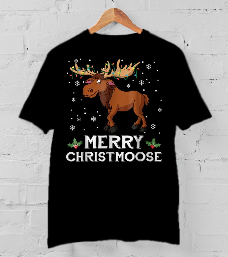 Merry Christmoose Moose With Christmas Lights And Snowflakes T-Shirt