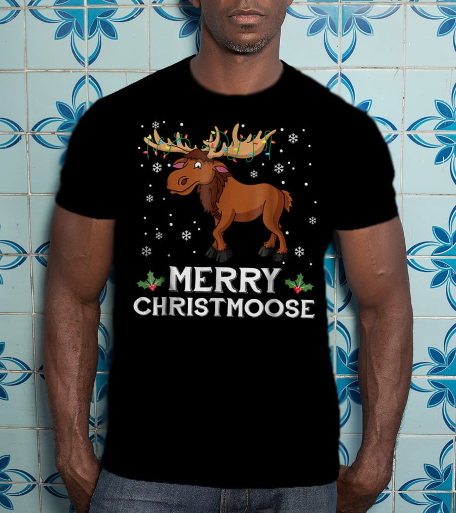 Merry Christmoose Moose With Christmas Lights And Snowflakes T-Shirt