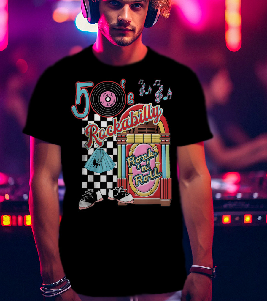 50's Rock N Roll Rockabilly Jukebox And Checkered Dance Floor T-Shirt