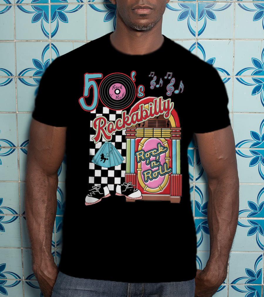 50's Rock N Roll Rockabilly Jukebox And Checkered Dance Floor T-Shirt