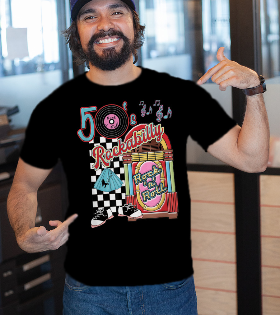 50's Rock N Roll Rockabilly Jukebox And Checkered Dance Floor T-Shirt