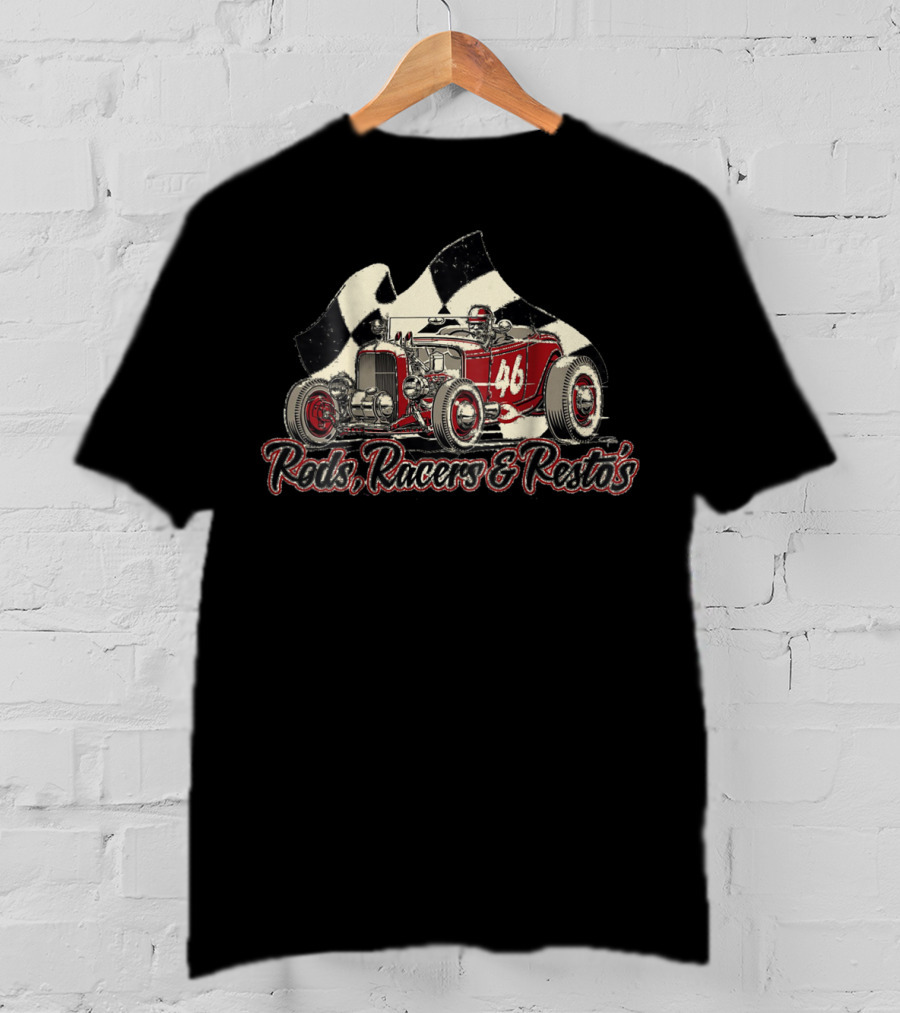 Rods Racers Resto's Vintage Hot Rod 46 Checkered Flag T-Shirt