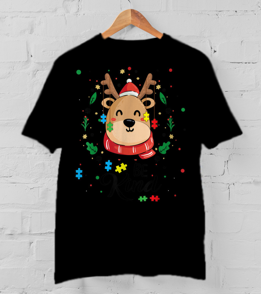 Be Kind Christmas Reindeer With Puzzle Pieces Autism Awareness T-Shirt