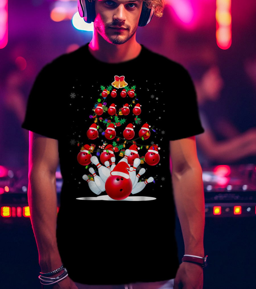 Bowling Balls Santa Hats Christmas Tree Holiday Lights Snowflakes T-Shirt