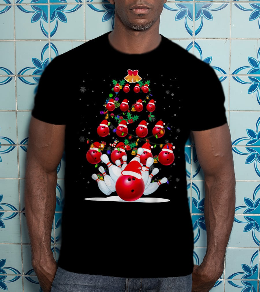 Bowling Balls Santa Hats Christmas Tree Holiday Lights Snowflakes T-Shirt