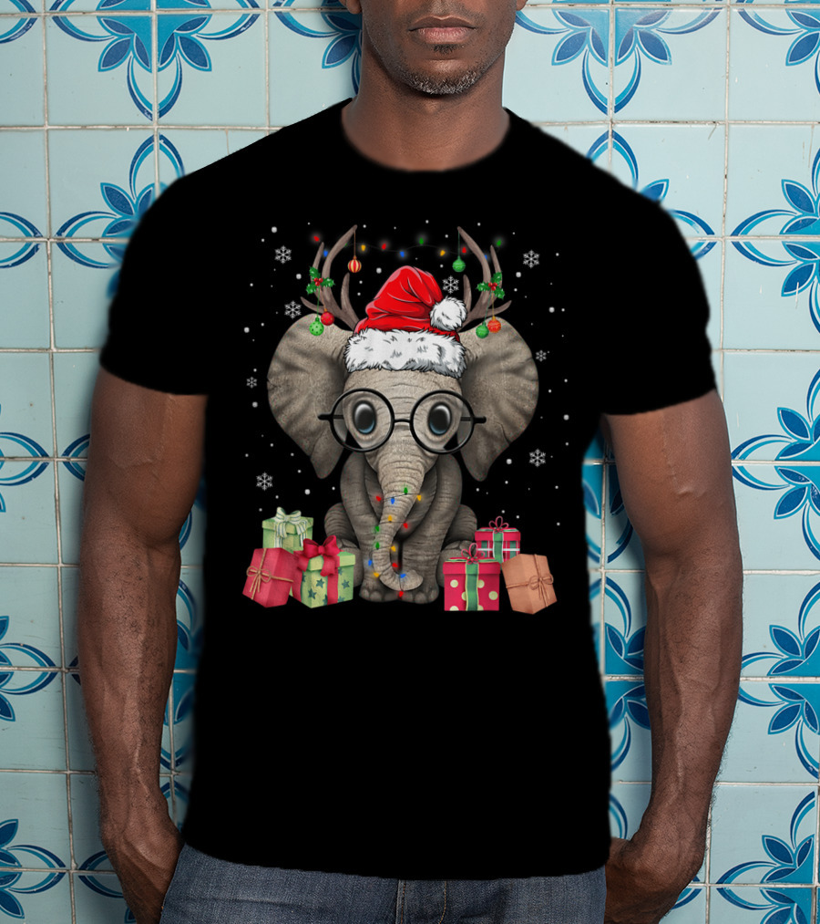Christmas Cute Elephant Santa Reindeer With Gifts And Snowflakes T-Shirt