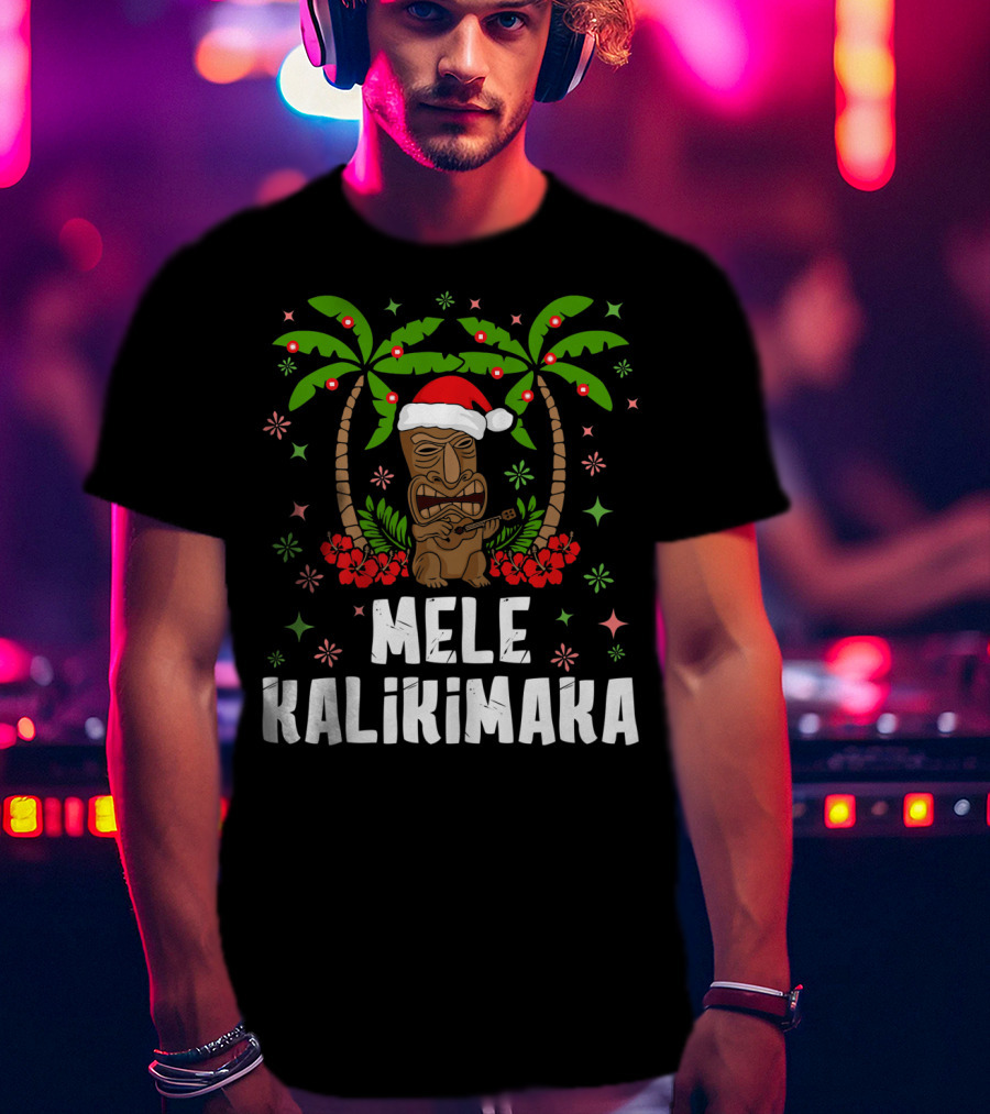 Mele Kalikimaka Santa Tiki Hawaiian Christmas Palms T-Shirt