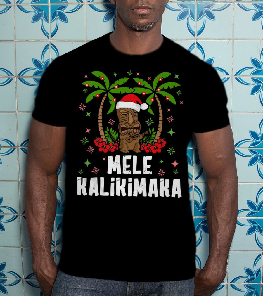 Mele Kalikimaka Santa Tiki Hawaiian Christmas Palms T-Shirt