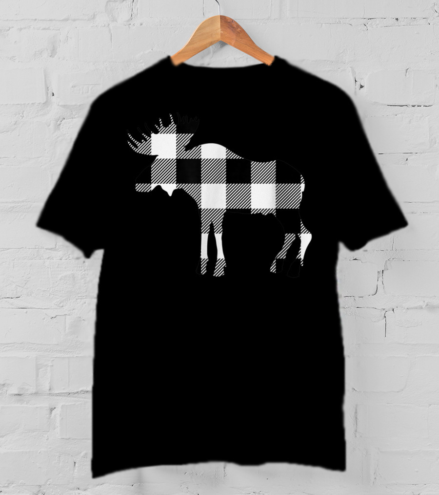 Classic White Black Buffalo Plaid Moose Christmas T-Shirt
