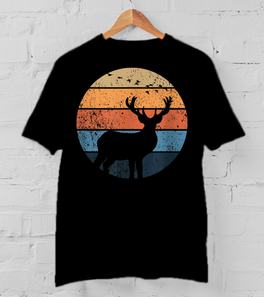 Deer Hunters Vintage Sunset Silhouette With Flying Birds T-Shirt