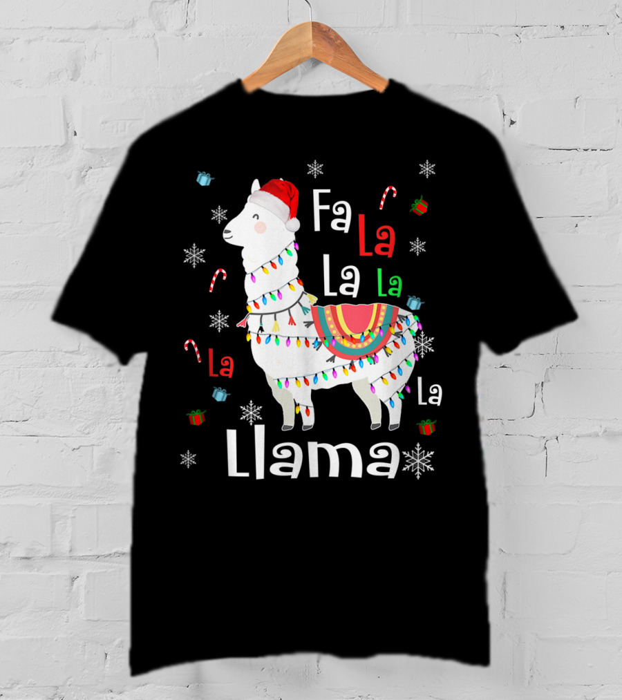 Fa La La Llama Llama Christmas Lights And Santa Hat With Candy Canes Snowflakes And Presents T-Shirt